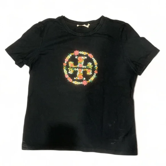 Tory Burch Black Tee with Floral Logo - Picture 1 of 3